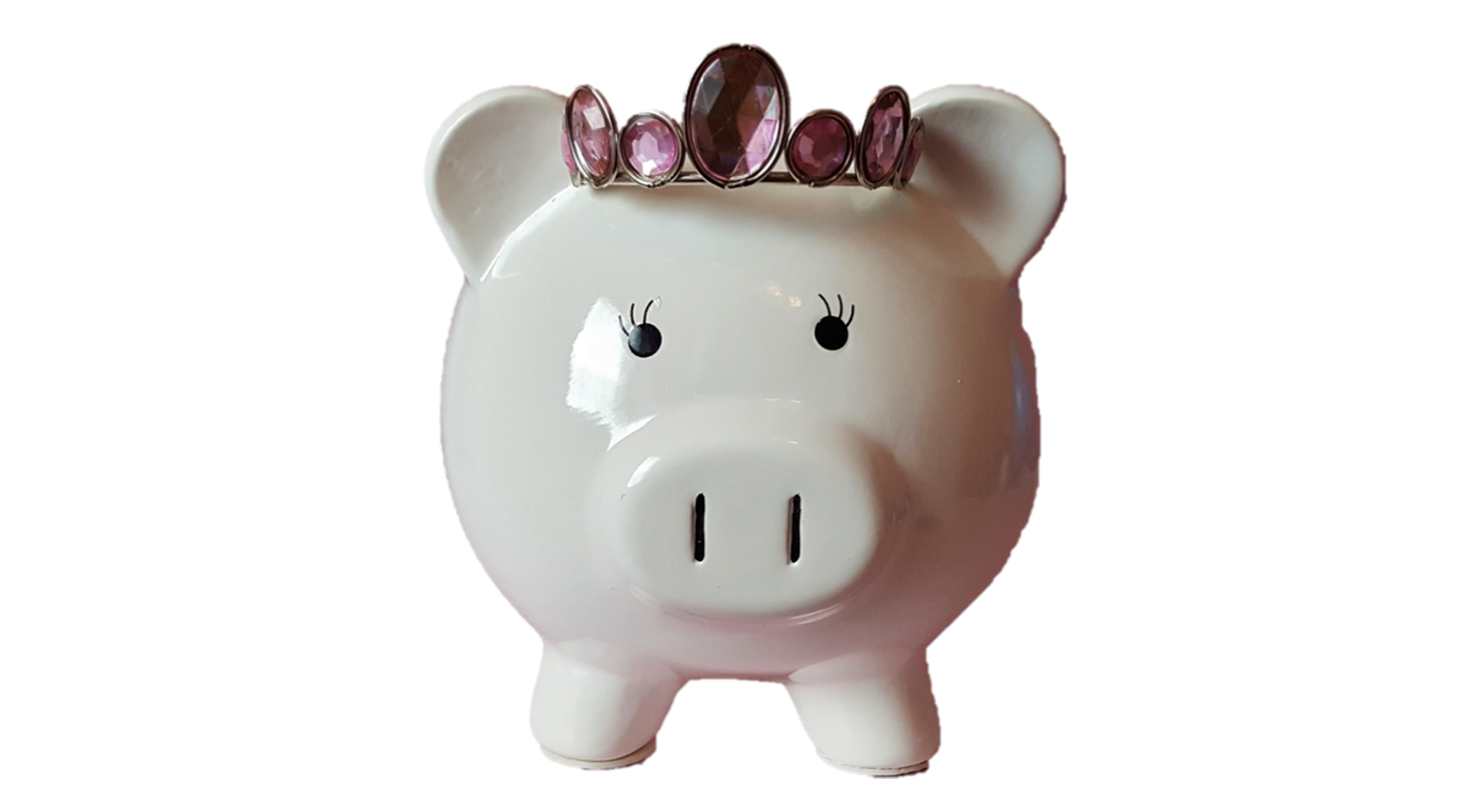 A white piggybank with a pink jeweled tiara representing tax services