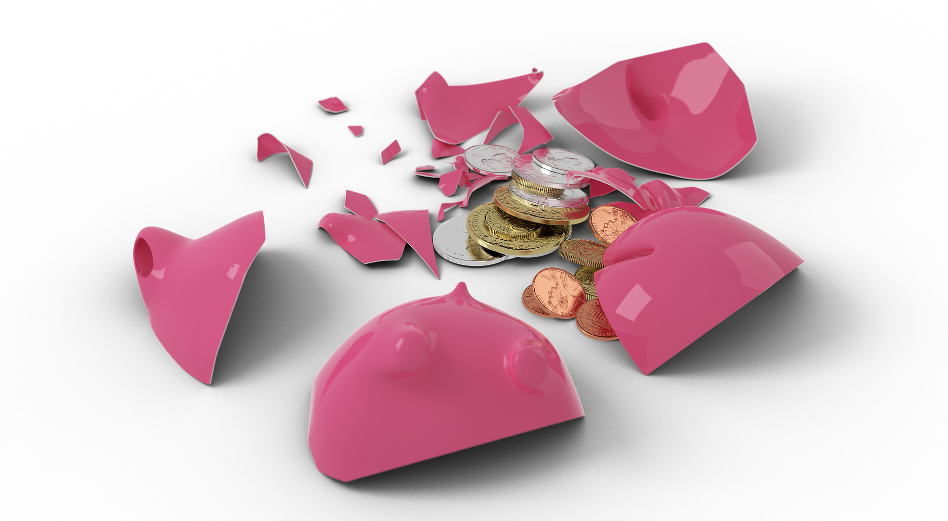 A pink piggybank that is broken with coins showing you don’t have to break the bank for bookkeeping & accounting