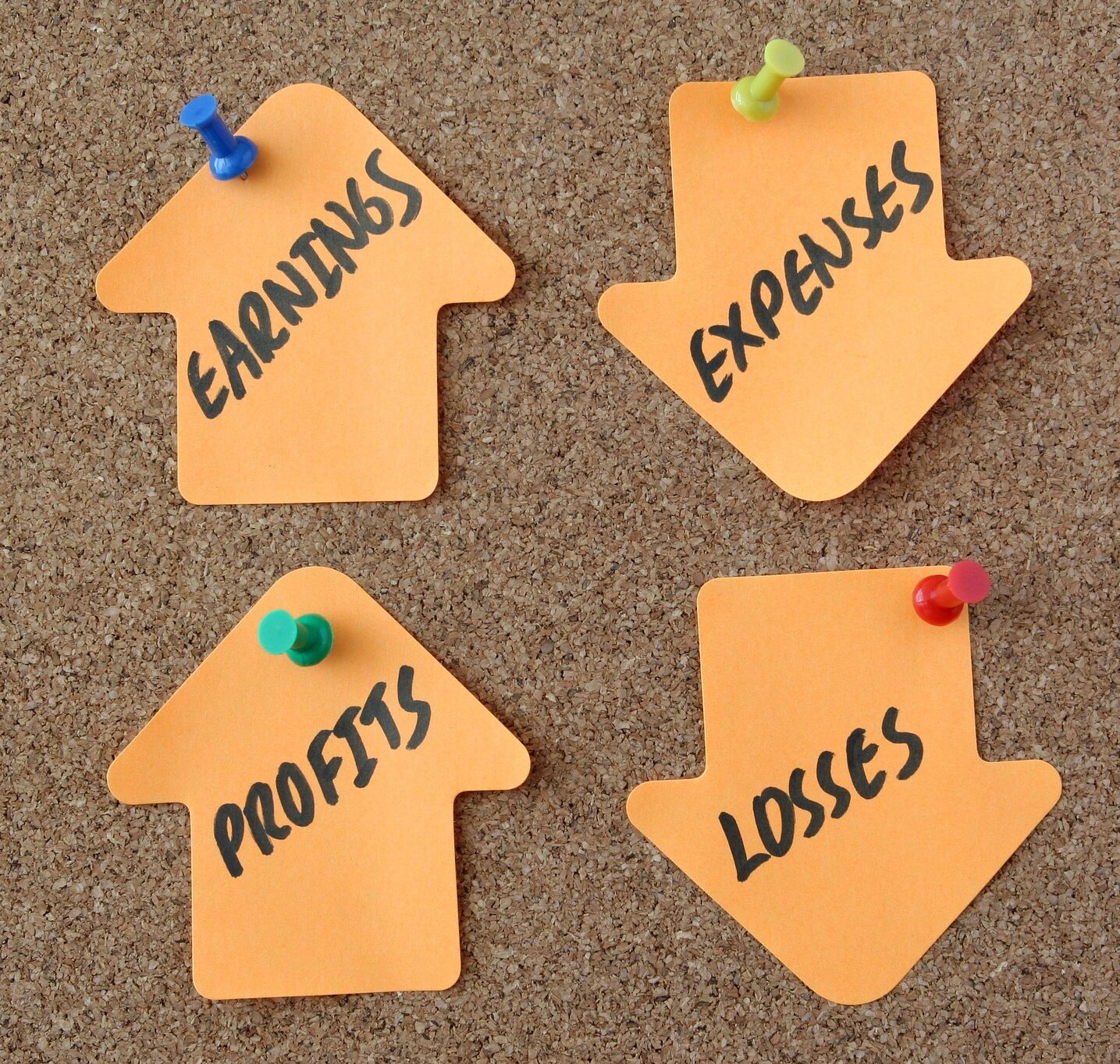 Brown bulletin board with 4 orange sticky notes shaped like arrows with messages on the Pro Tax & Accounting Business Accounting page