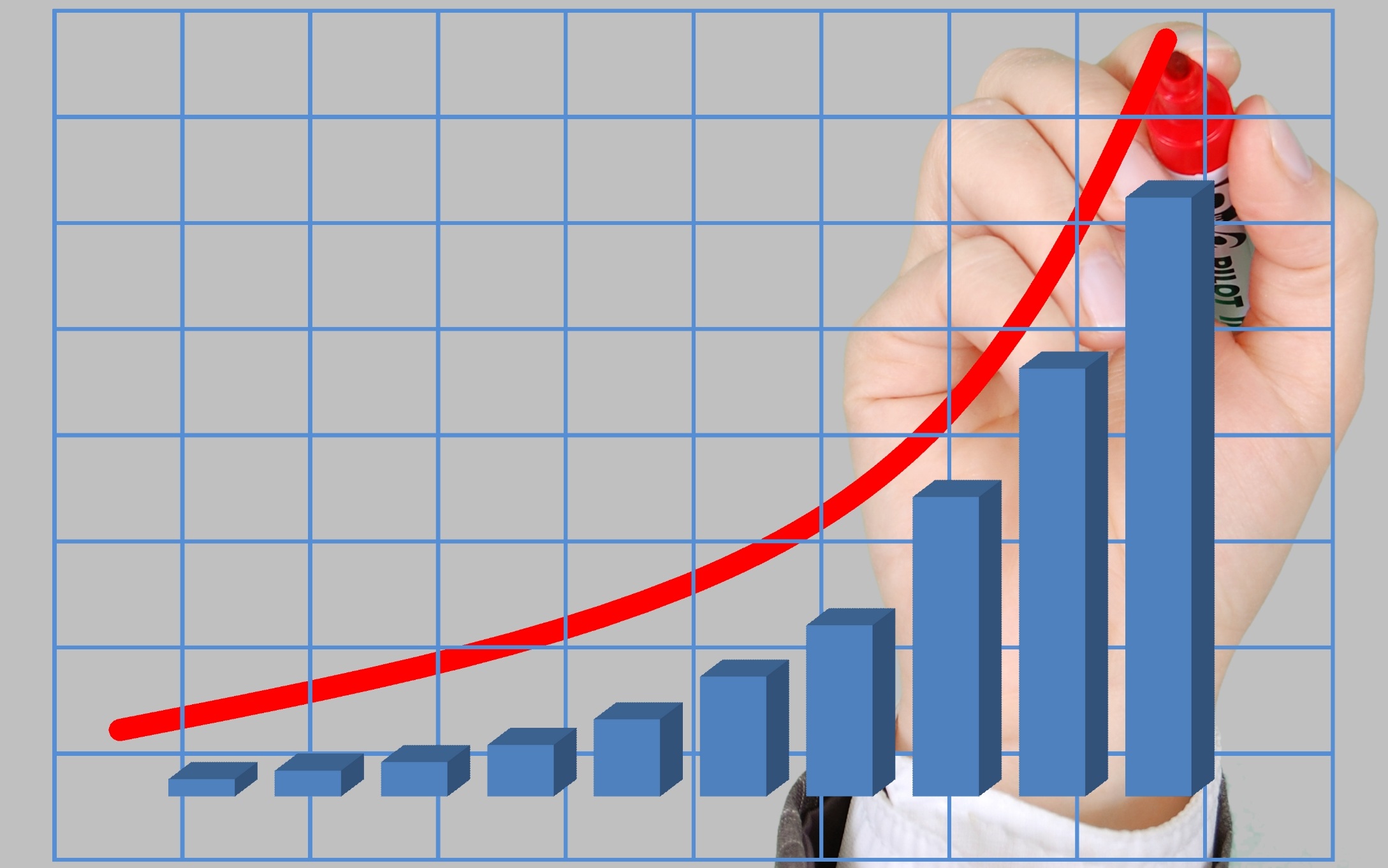 Graph with blue columns with a man holding a red marker drawing a red line up on the Pro Tax & Accounting Payroll Services page